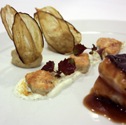 RODABALLO CON BERENJENAS Y SESOS DE CORDERO